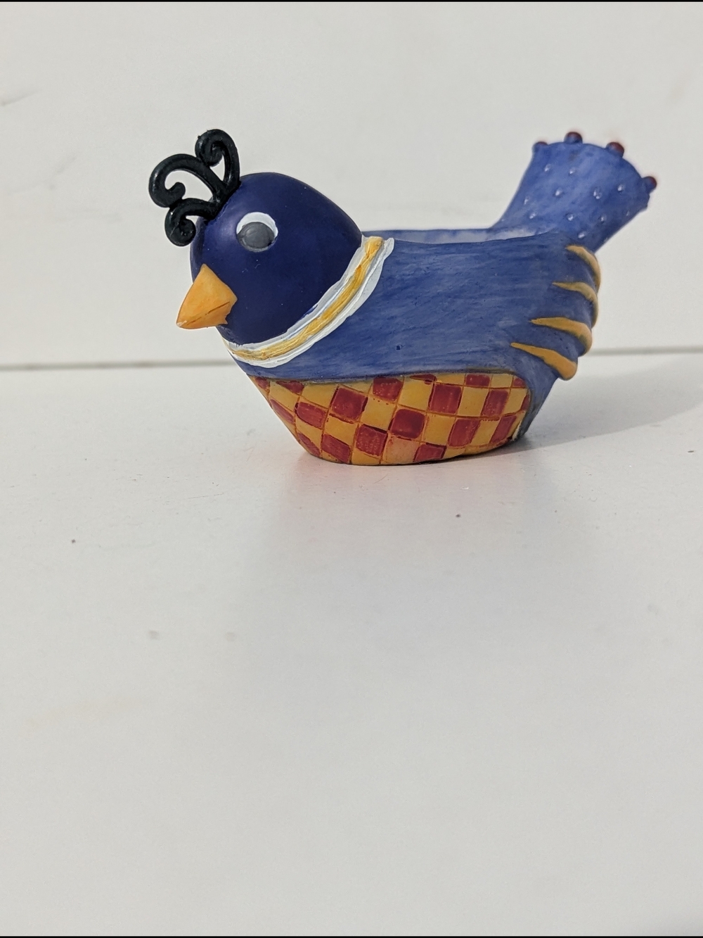 Whimsical Handpainted Decorative Blue Bird Tealight Holder Checkerboard Detail - Picture 2 of 11
